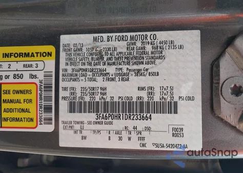 2013 Ford Fusion Se z USA, uszkodzony, nr VIN 3FA6P0HR1DR233664